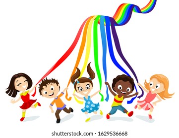 Children and rainbow on a white background.