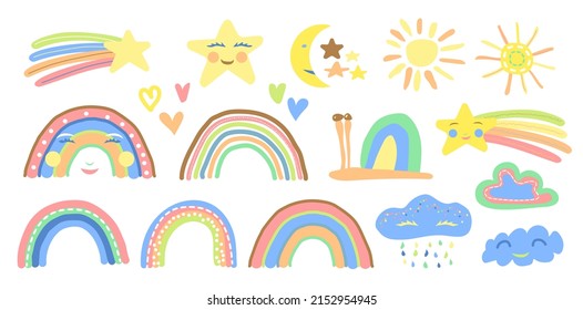 Children Rainbow, Sun, Cloud, Snail, Star and Heart Pastel Hand Drawn Vector Illustration