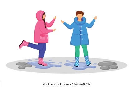 Children in raincoats flat color vector faceless character. Caucasian kids playing in puddles. Wet weather. Rainy day. Girl and boy in gumboots isolated cartoon illustration on white background