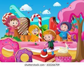 Children in raincoats playing in candyland illustration