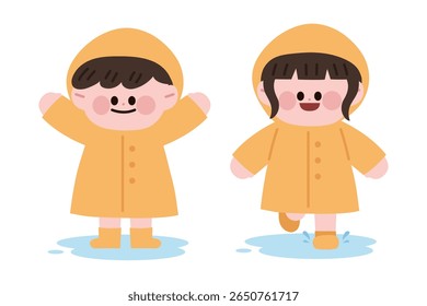 children in raincoats playing with water