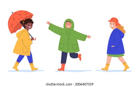 Children in raincoats and with umbrella in the rain. Kids walk in the rain. Flat vector cartoon illustration isolated on white background.