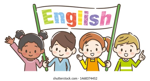 Children raising a flag written in English