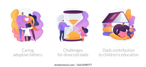 Children raising metaphors. Single father teaching son. Kids home education, divorced dads challenges, caring adoptive parents. Family life abstract concept vector illustration set.