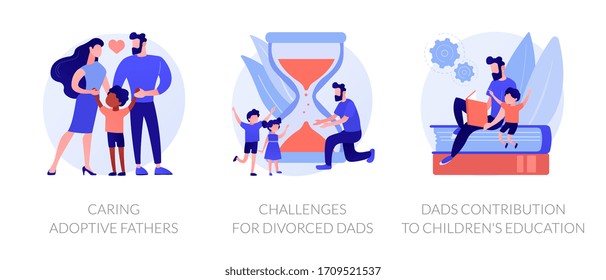 Children raising metaphors. Single father teaching son. Kids home education, divorced dads challenges, caring adoptive parents. Family life abstract concept vector illustration set.