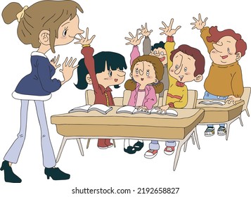 children raising their hands in the classroom