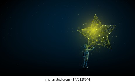 Children Reaching for the Star. Take a Star from the Sky, Dreams and Plans, concept. Low Poly, Wireframe, Line and Dots Vector Illustration