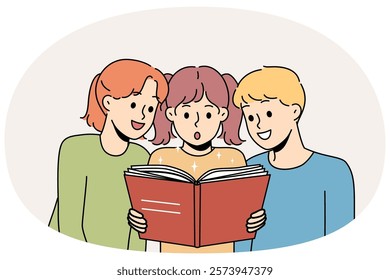 Children read book and are amazed at facts from history described in school encyclopedia. Boy and two pre-teen girls look with interest at book while visiting library or bookstore.