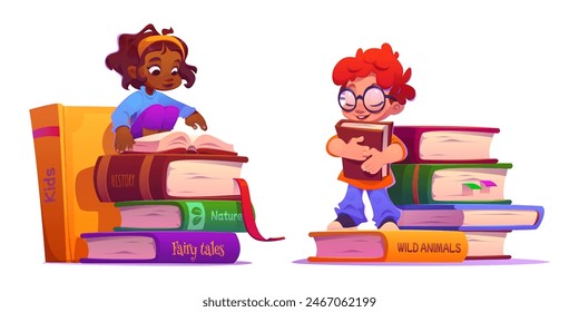 Children read book. Girl kid in library study. Happy little boy in glasses isolated with textbook. Smart african toddler sit in kindergarten and with fairytale literature diverse clipart collection.