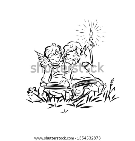 Children read a book. Hand drawn doodle illustration. Graphic sketch in vintage style 