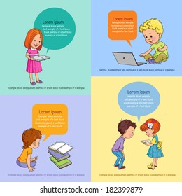 children read a book on a background of speech bubbles with text. Infographics background education.