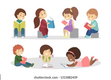 Children read book set. Collection of kid reading books in kindergarten or school. Flat vector illustration