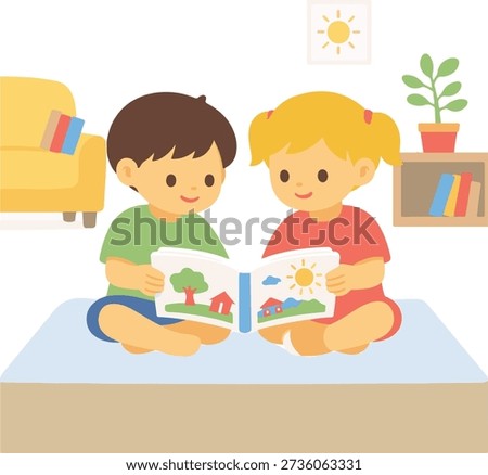 Children read book, story time, learning together. Happy kids, indoor activity, cozy room, home learning, childhood fun.