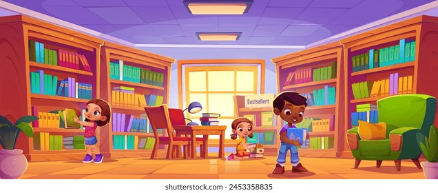 Children read book and study in school library. Boy kid with little people do homework. Preschool or kindergarten class room for smart baby. Young literature lover reading near bookcase and window