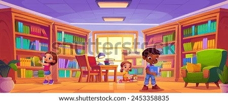 Children read book and study in school library. Boy kid with little people do homework. Preschool or kindergarten class room for smart baby. Young literature lover reading near bookcase and window