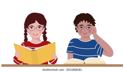 Children read books. A boy and a girl, cropped figures, are sitting at a desk with textbooks. The concept of education. Vector illustration.