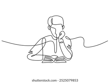 Los niños leen libros de dibujo continuo de una línea. Concepto de Educación. Fondo minimalista de Ilustración vectorial.