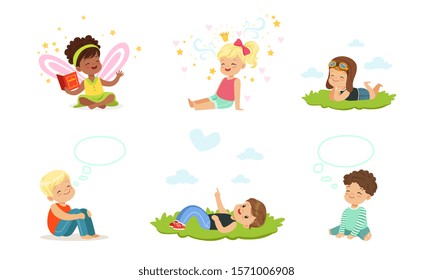 Children read books and dream. Set of vector illustrations.