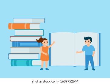 Children read books and enjoy literature. Books for reading, training, education and entertainment. Cute boys and girls study and lovers read with piles of books. Open book and pile books. Vector flat