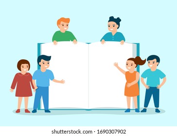 Children read books and enjoy literature. An open book for reading, learning, education and entertainment. Cute boy and girl love to read, learn. Vector
