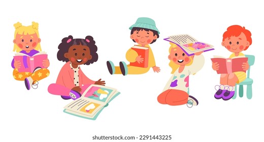 Children read books flat icons set. Cute kids sitting and looking at open book. Library and bookstore. Fairytale, knowledge and education. Color isolated illustrations