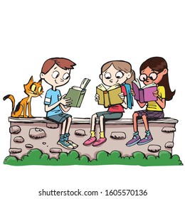children read books on a little wall