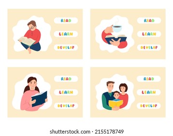 Children read books, parents read together with a child, a set of vector banners for online libraries, bookstores.