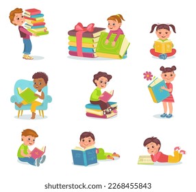 Children read books. Young smart readers. Little boys and girls with big literary volumes. Kids hobby. School education. Literature study. Students learn textbooks