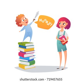 Children read fairy tales with pleasure. Boy and girl playing. The kid is on books. Illustration for school