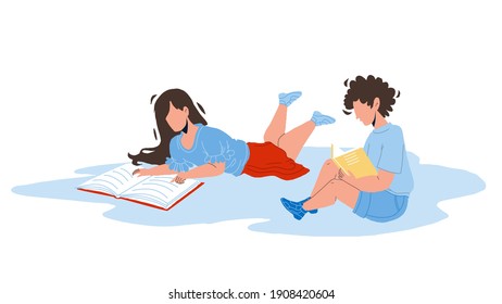 Children Read Information In Education Book Vector. Children Reading Educational Literature Or Interesting Story. Characters Boy And Girl Kids Lying On Floor And Learning Flat Cartoon Illustration