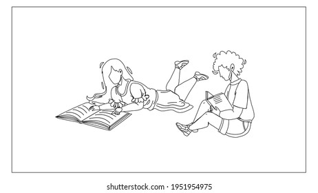 Children Read Information In Education Book Black Line Pencil Drawing Vector. Children Reading Educational Literature Or Interesting Story. Characters Boy And Girl Kids Lying On Floor  Illustration