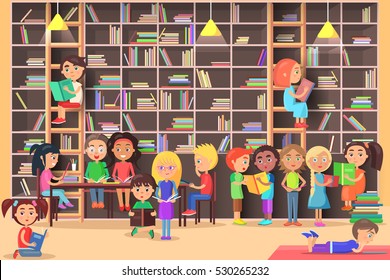 Niños leídos en la ilustración vectorial de la biblioteca. Los niños estudian en ateneo. Niños y niñas inteligentes leen libros. Los escolares se autoeducan. Habitación pública con estanterías. Amigos de la sabiduría Literatura