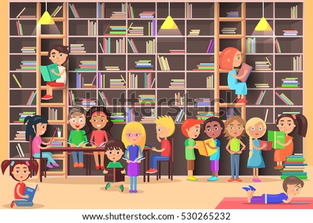 Children read in the library vector illustration. Kids study in atheneum. Clever young boys and girls read books. Schoolchildren self education. Public room with bookshelves. Wisdom friends Literature