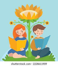 Kinder lesen, lieben Bücher, Vektorgrafiken, Training, Sonnenblumen, Zeitschriften, angenehme Zeit