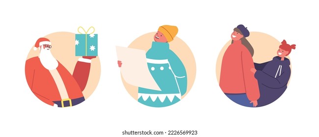 Children Read Poems to Santa Claus Isolated Round Icons or Avatars. Little Girls and Boys Characters with Poetry Paper, Father Noel with Christmas Gift in Hands. Cartoon People Vector Illustration