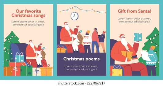 Children Read Poems to Santa Claus Cartoon Banners. Little Girls and Boys Characters Stand in Queue Wait Meeting with Father Noel Sitting on Armchair at Decorated Christmas Tree. Vector Posters