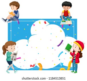 Niños leyendo alrededor de una ilustración de marco azul