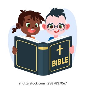 Children reading bible. Boy and girl hold holy book. Young readers learning religion together. Church literature. Faithful kids. Christian education. Cartoon flat isolated vector concept