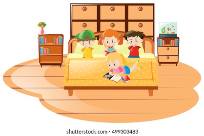 Children reading book in bedroom illustration