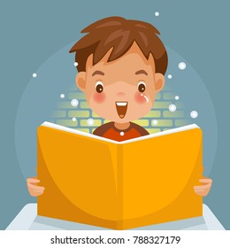  Children Reading a book.  boy  Surprise and grin. light is shining brightly with book. Children's Learning Concept.Vector illustration, cute style. cartoon on blue background.