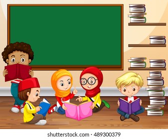 Children reading book in classroom illustration