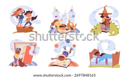 Children reading book concept set with cartoon people for web design. Collection with boys and girls read pirate story, detective, investigation, fairy tales, adventure, space. Vector illustration.