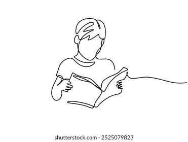 Crianças lendo livro contínuo um desenho de linha. Conceito de educação com um menino estudar e aprender com seus livros. Plano de fundo minimalista de ilustração vetorial.