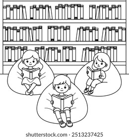 Children are reading book in the library outine coloring page