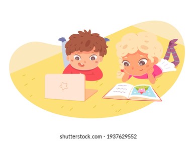 Children Reading Book And Looking At Computer At Home. Happy Clever Kids Learning Activities Vector Illustration. Girl With Picture Book And Boy Lying With Laptop Together Indoor.