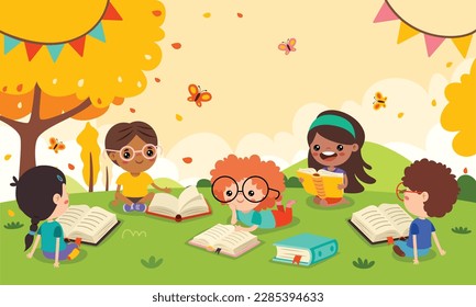 Children Reading Book At Nature