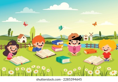 Children Reading Book At Nature