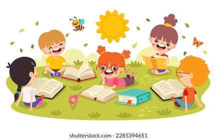 Niños leyendo libro en la naturaleza