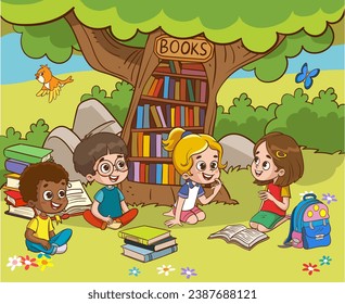 Children Reading Book At Nature