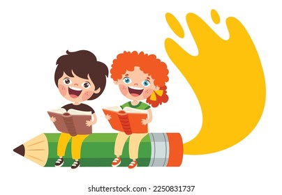 Children Reading Book On Pencil